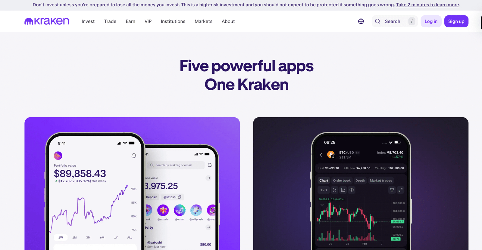 Kraken crypto app login page.