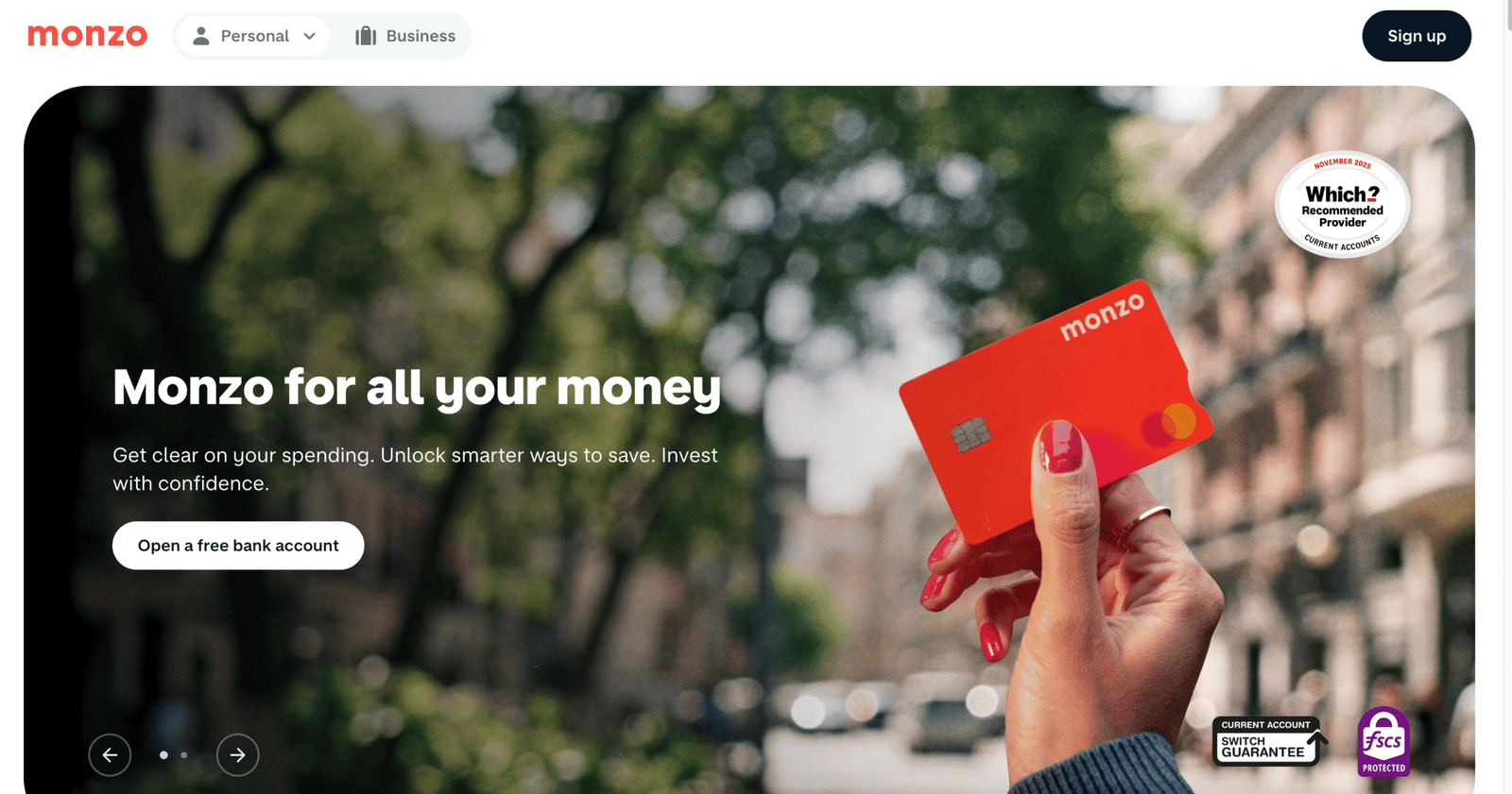 Monzo Bank landing page