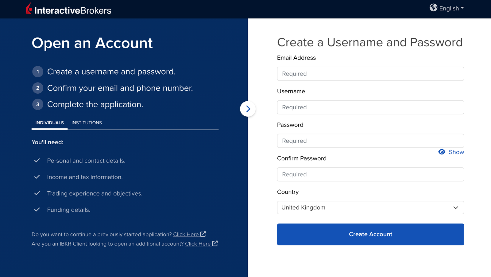 Interactive brokers sign up page