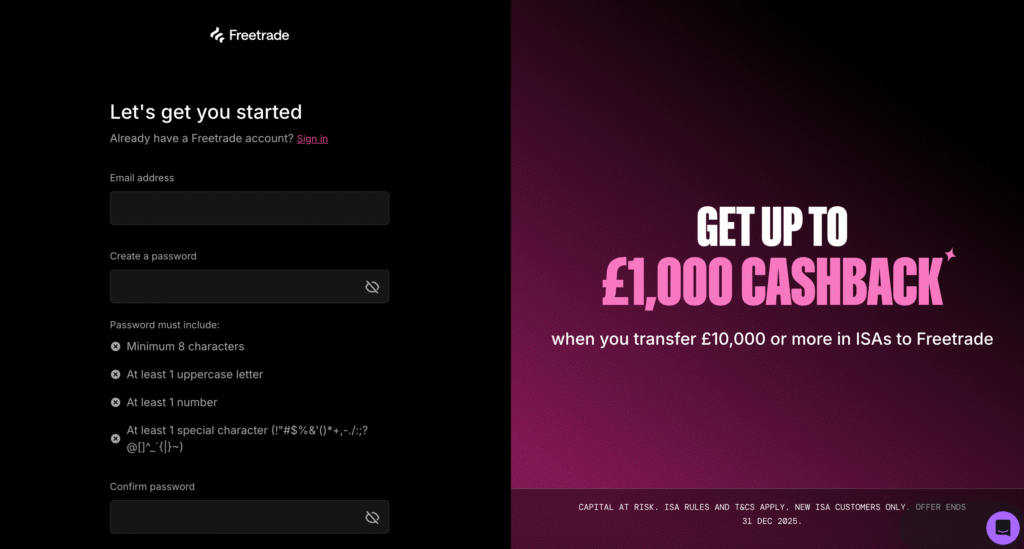 Freetrade sign up page