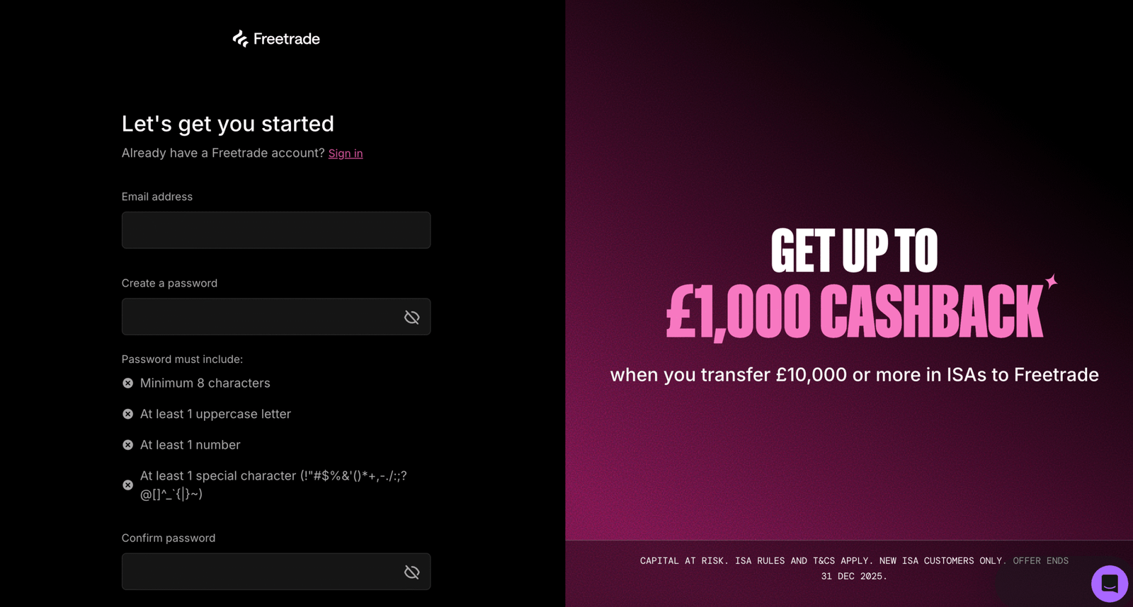 Freetrade sign up page