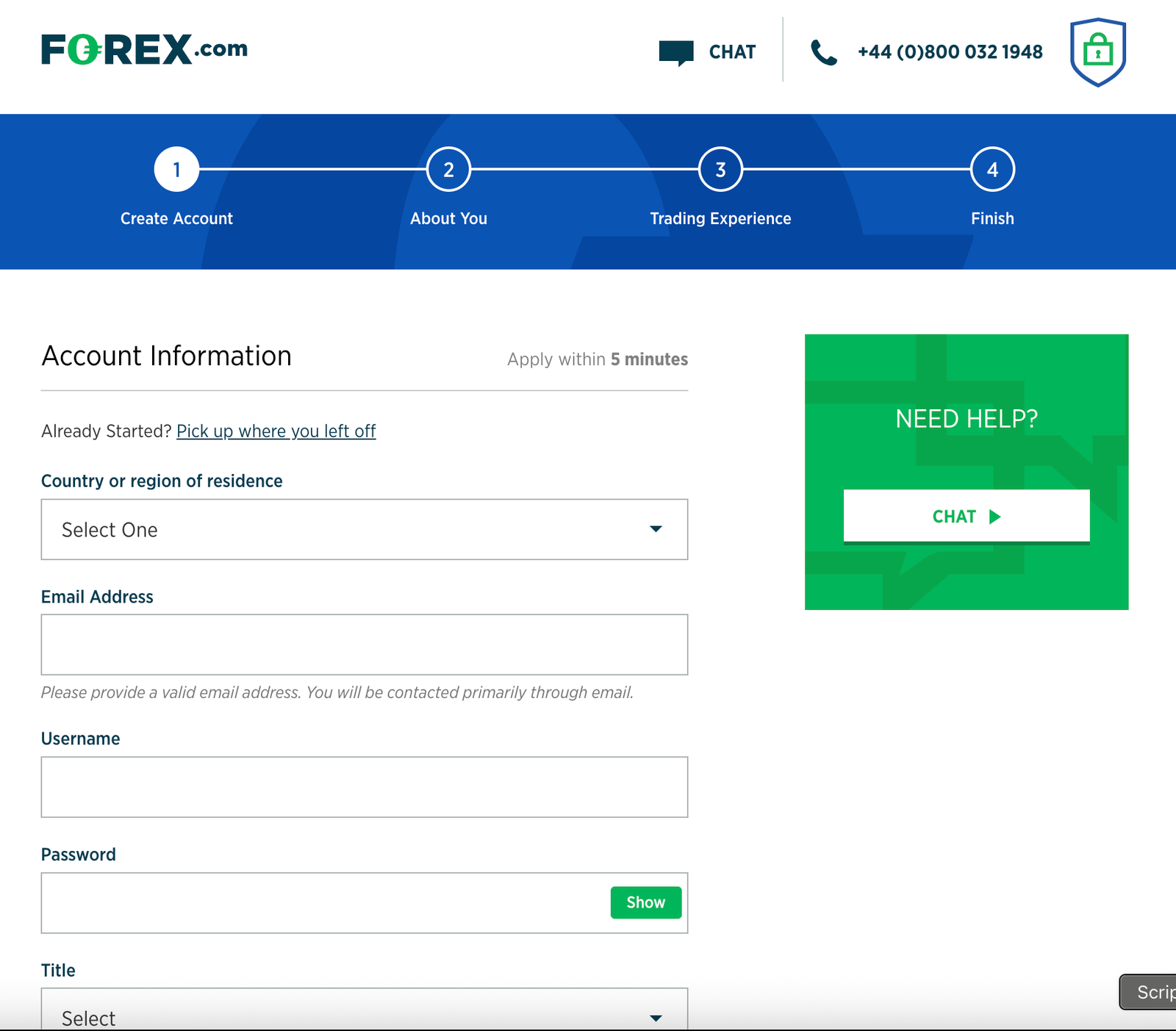 forex.com sign up page