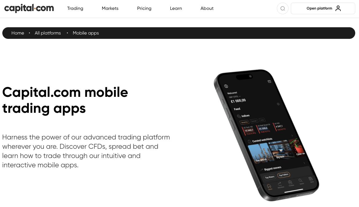 Capital.com UK stock trading app.