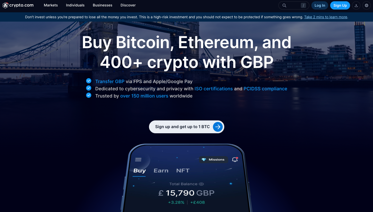 Crypto.com sign up page.