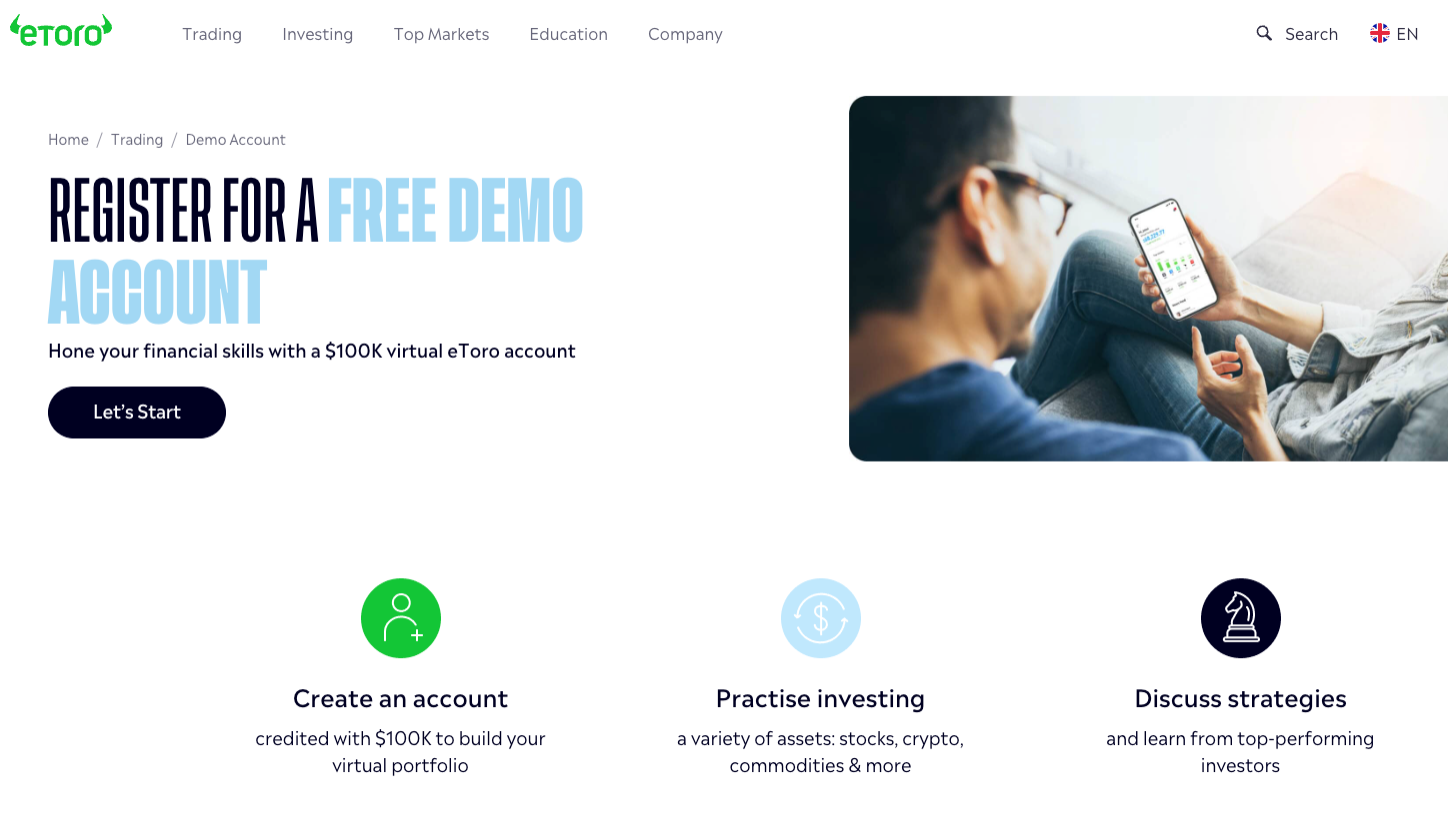 eToro demo account page