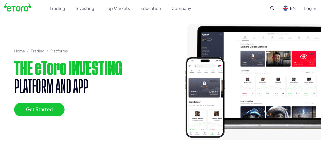 eToro trading app page