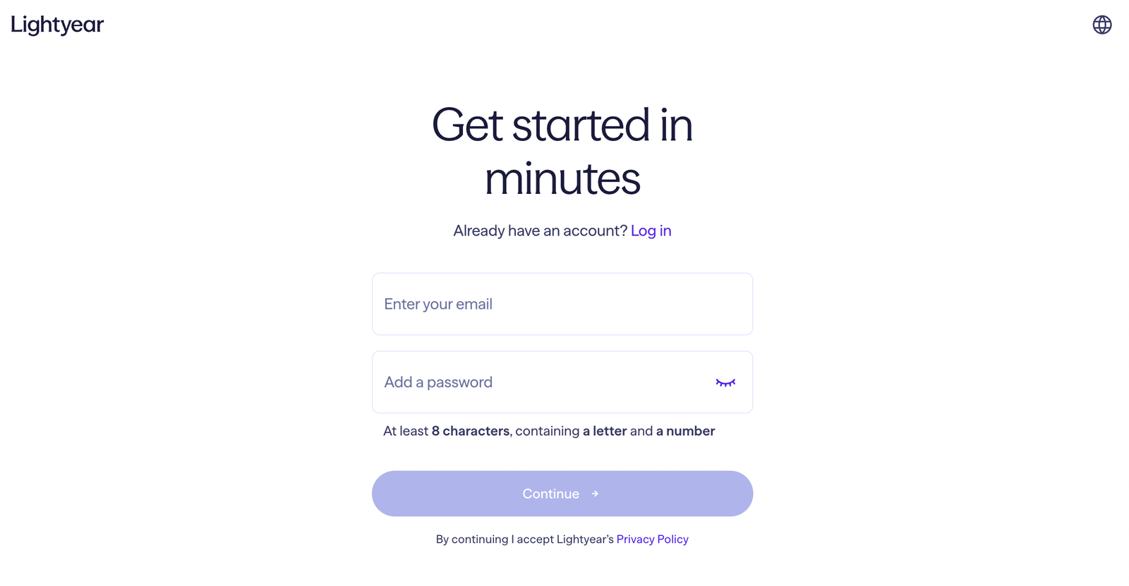 Lightyear sign up page