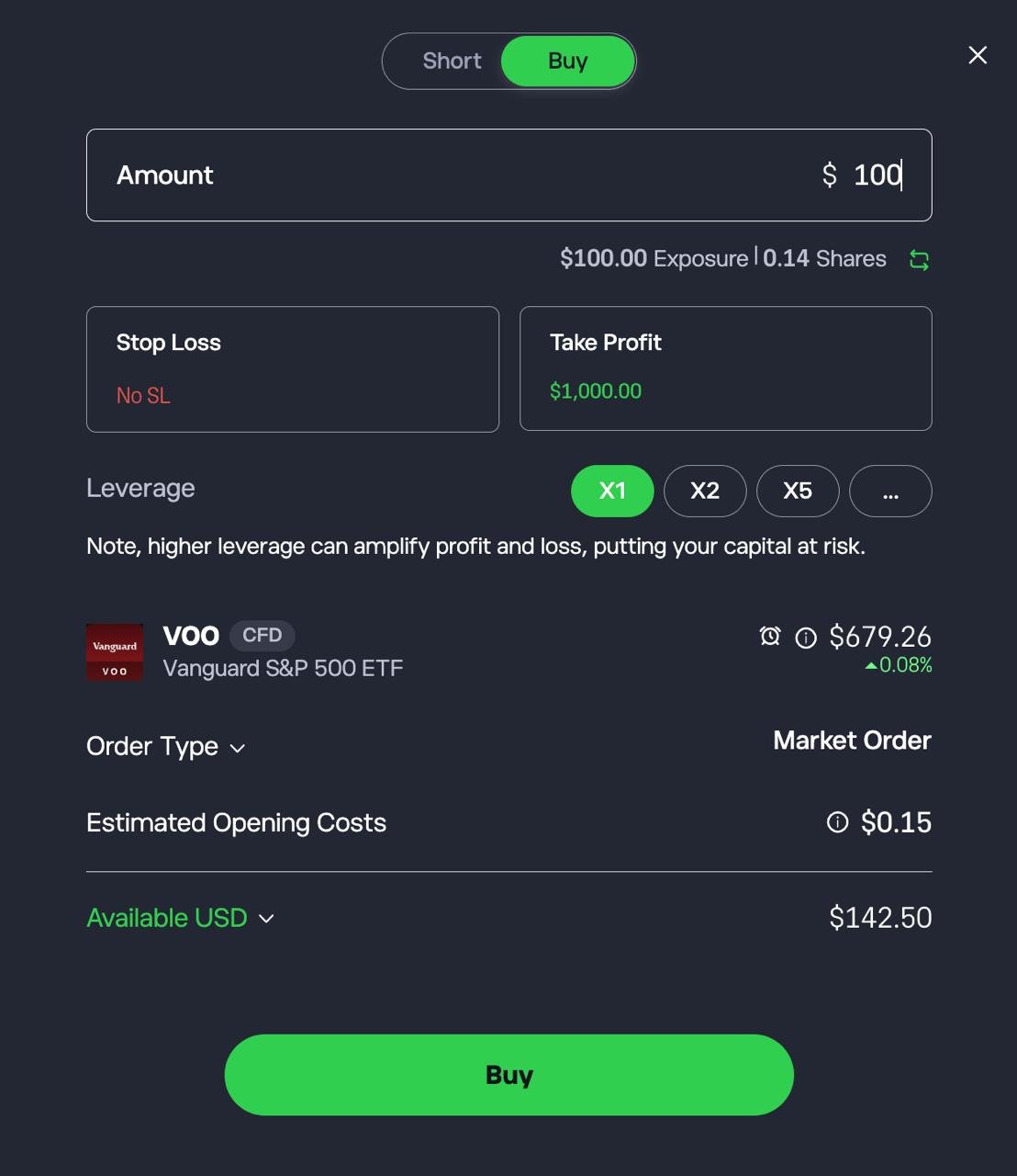 Buying Vanguard S&P 500 ETF (VOO) on eToro