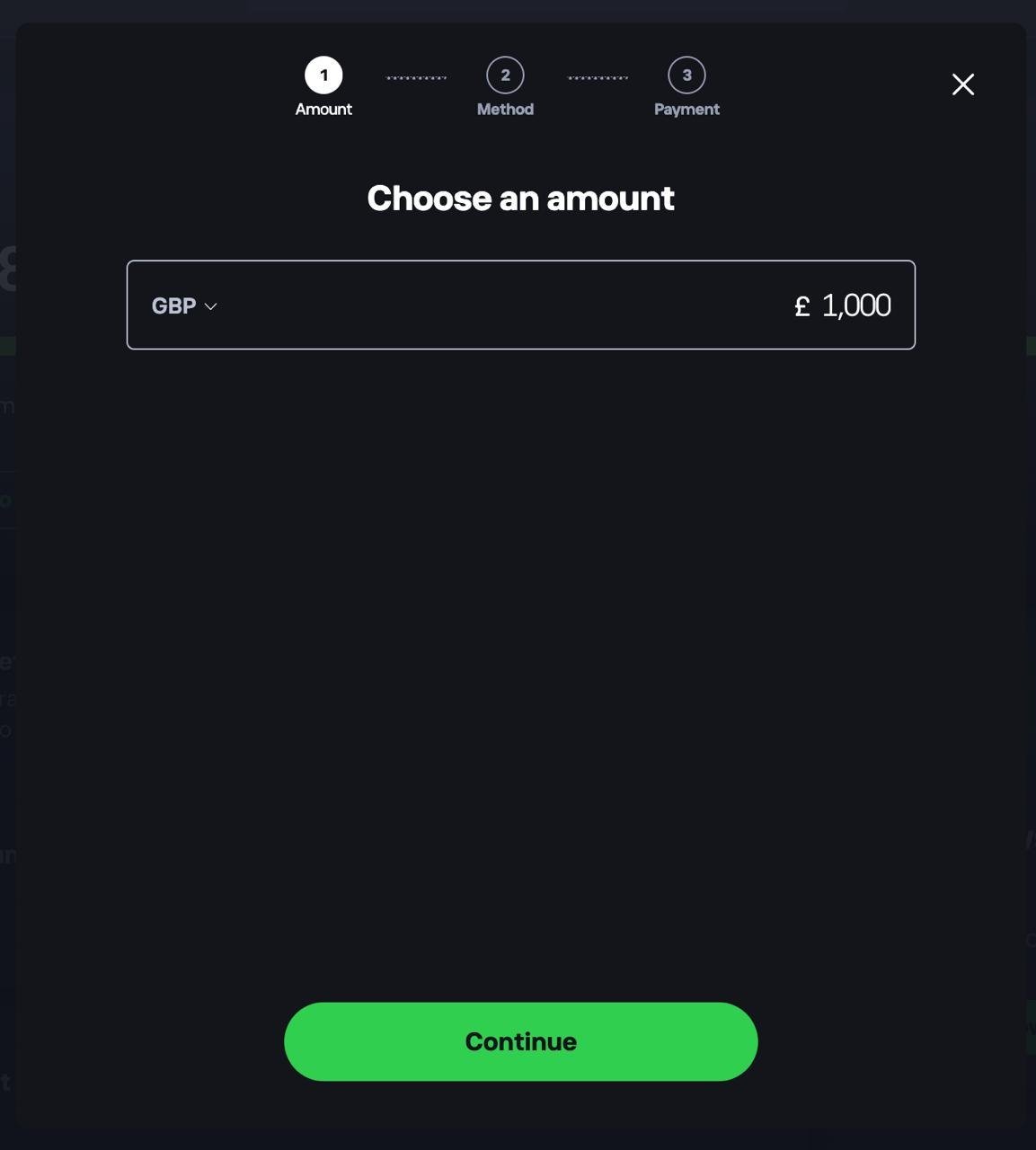 Choosing a deposit amount on eToro