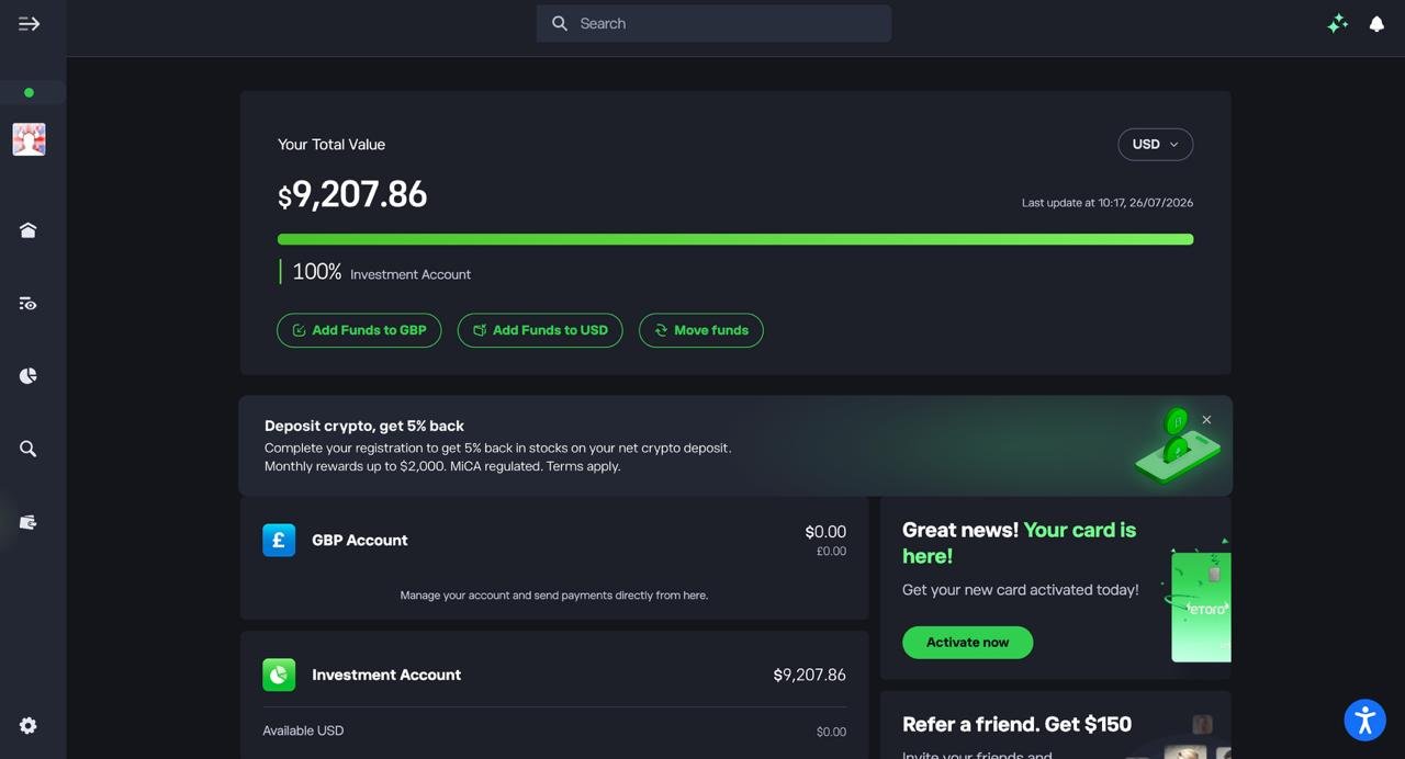 eToro dashboard showing investment account balance
