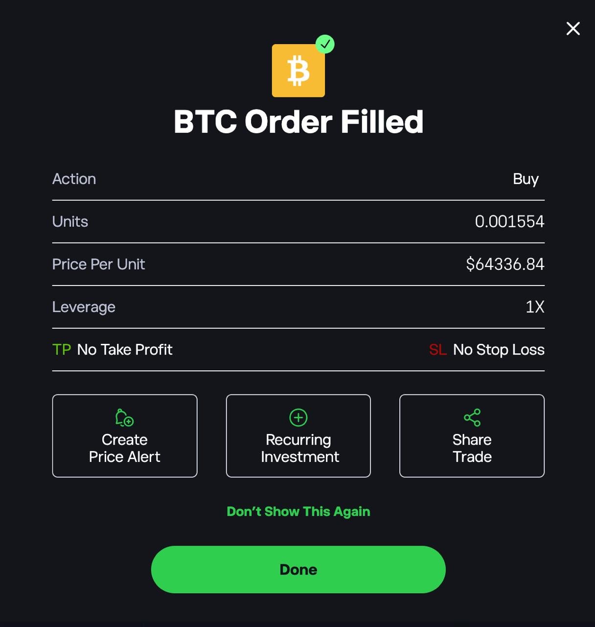 Bitcoin order filled confirmation on eToro