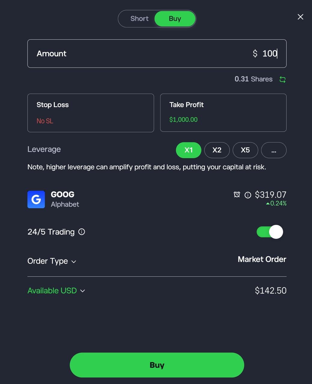 Placing a trade for Alphabet (GOOG) stock on eToro