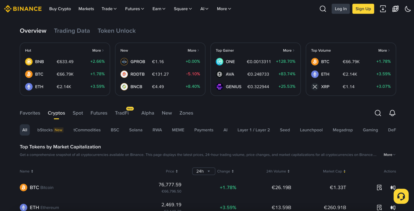 binance schermata home
