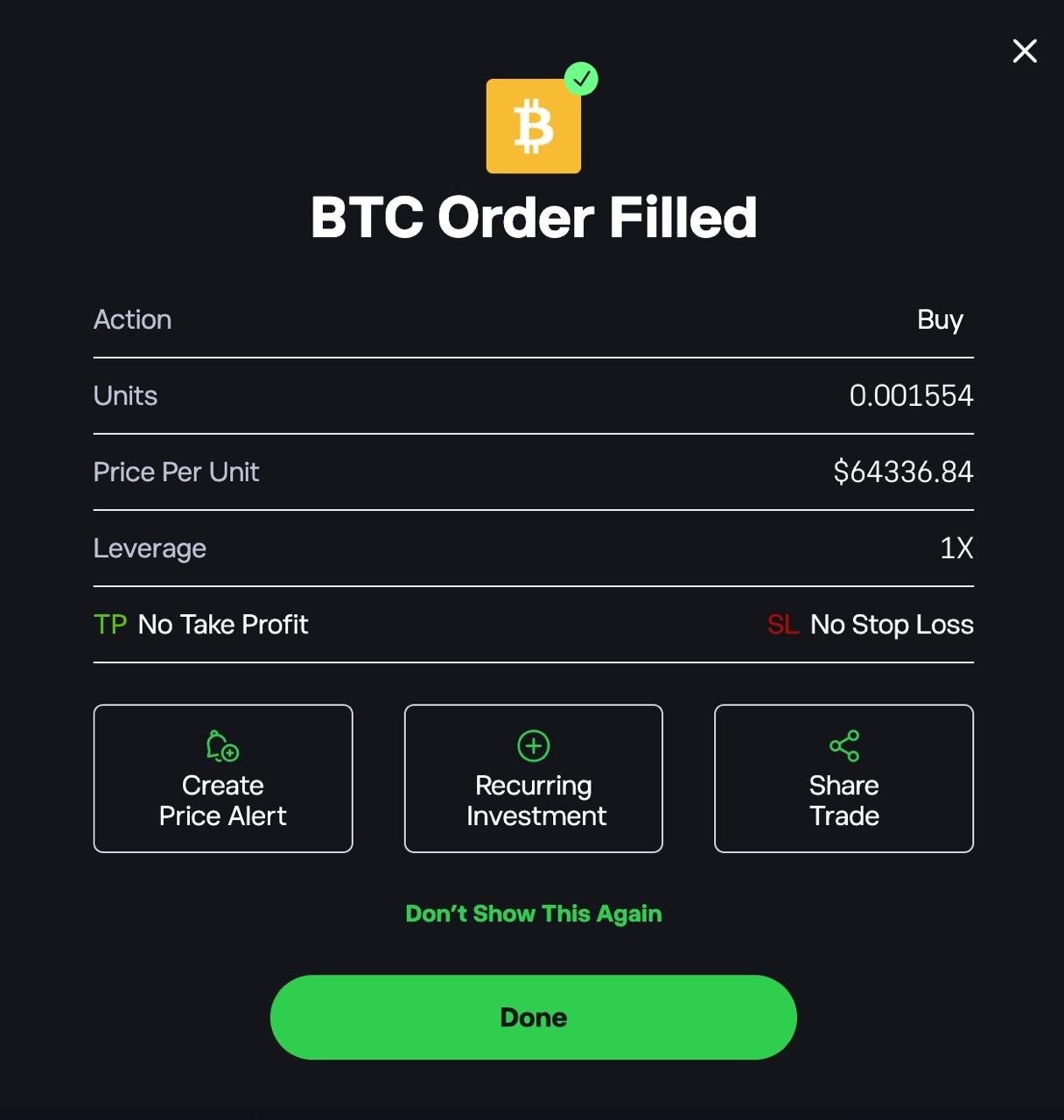 BTC order confirmation on eToro