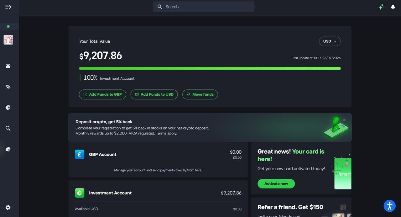 eToro dashboard showing investment account balance